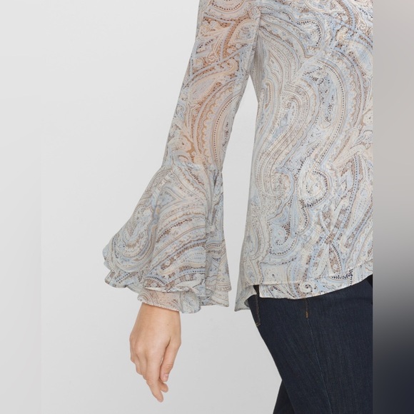 EUC WHITE HOUSE BLACK MARKET PAISLY BELL SLEEVE BLOUSE Size 2 Small - Picture 3 of 7